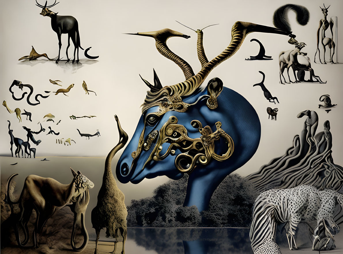 Fantastical surreal animal collage with central hybrid figure