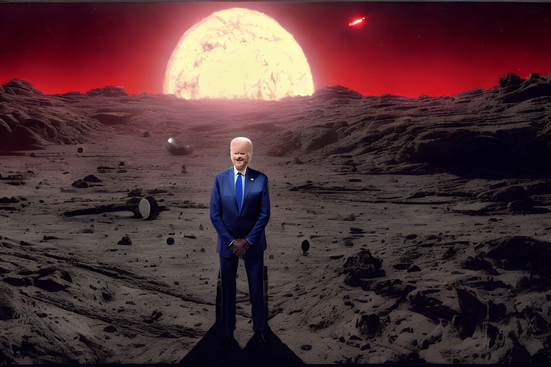 Business person on moon with planet and red sky