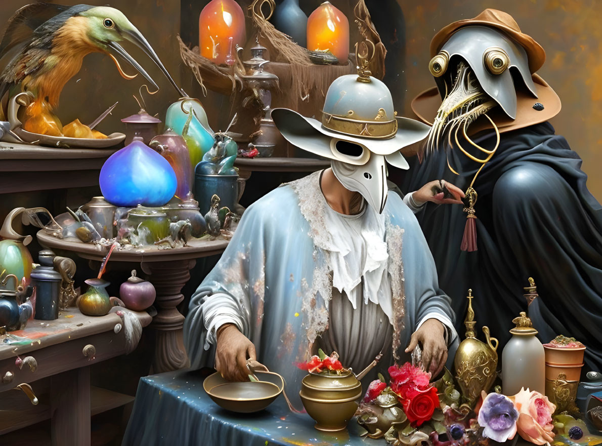 Surreal artwork: person in plague doctor mask with golden bowl, eclectic objects, candles, and