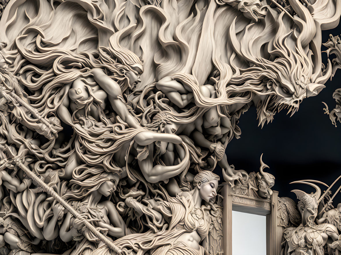 Detailed 3D Relief Sculpture of Mythological Figures and Beasts