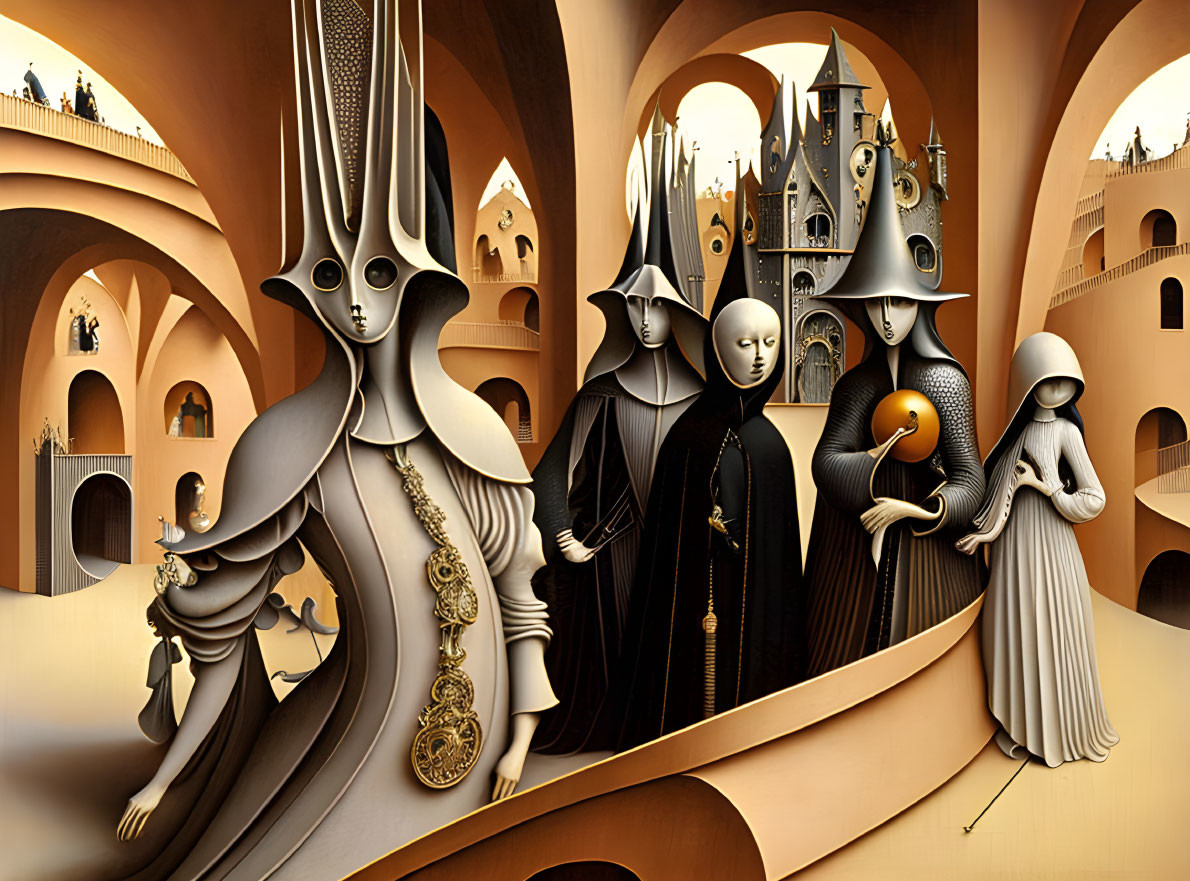 Surreal Artwork: Stylized Figures in Monastic Robes in Medieval-Futuristic