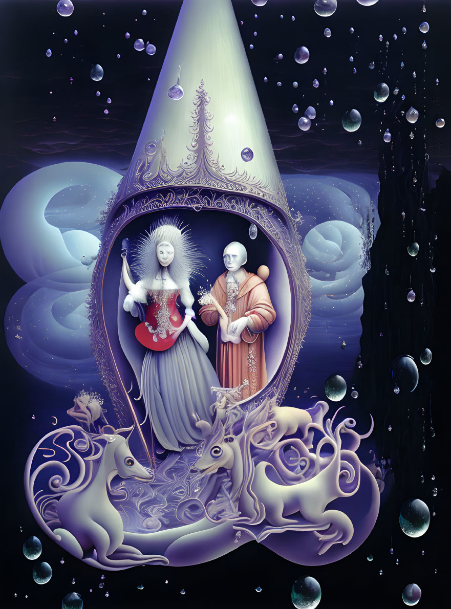 Surreal Artwork: Regal Figures in Ethereal Drop with Mythical Creatures