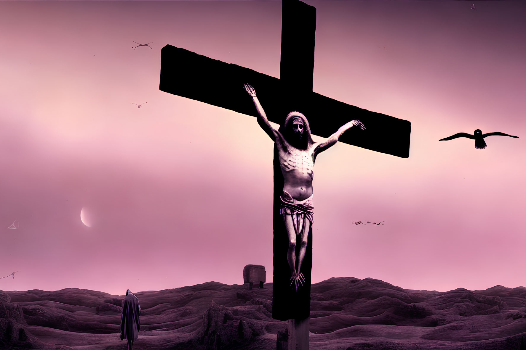 Purple-Tinted Surreal Landscape with Cross Figure and Moon