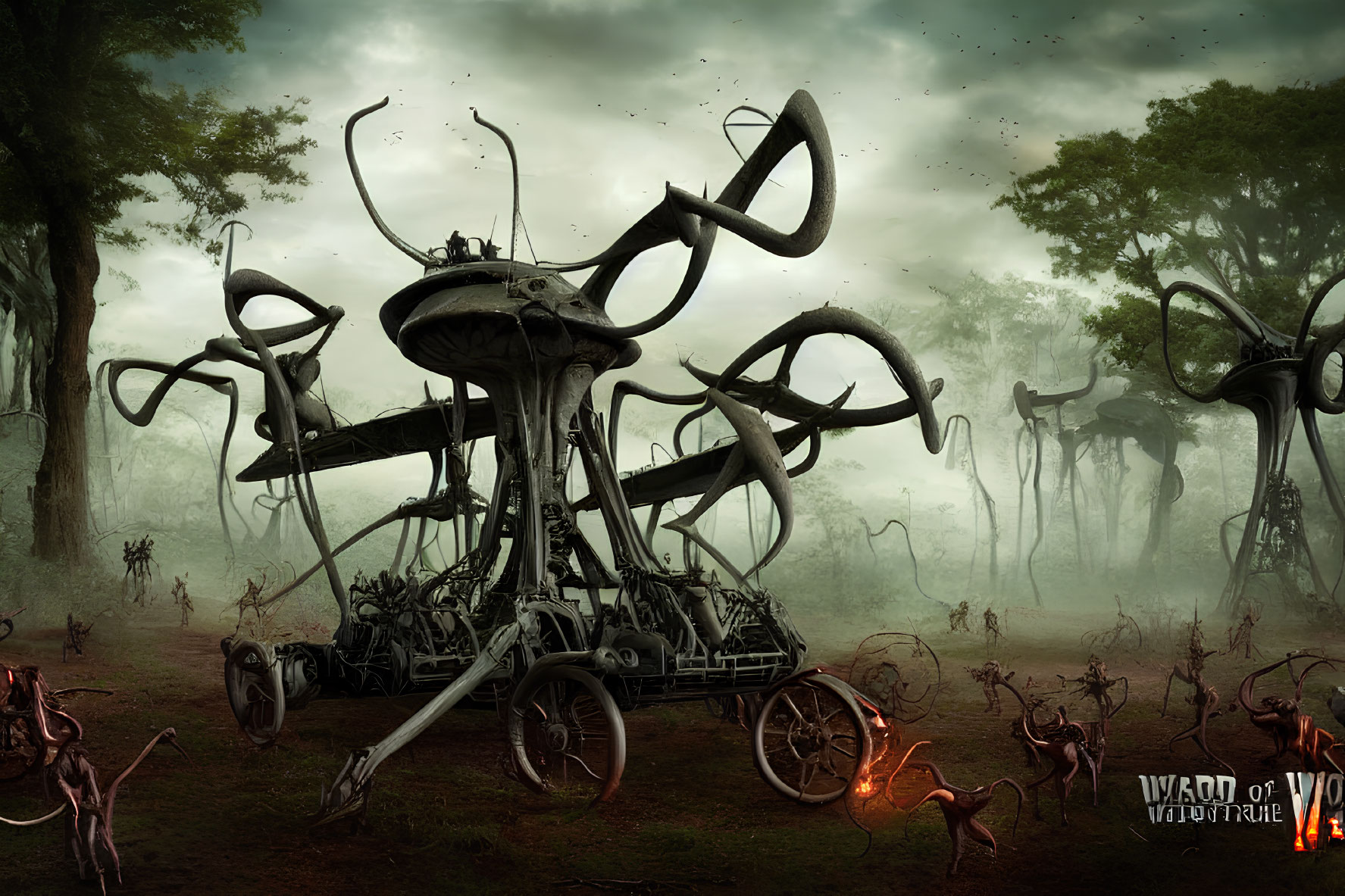 Sci-fi battlefield with mechanical tripod and towering machines in dark forest