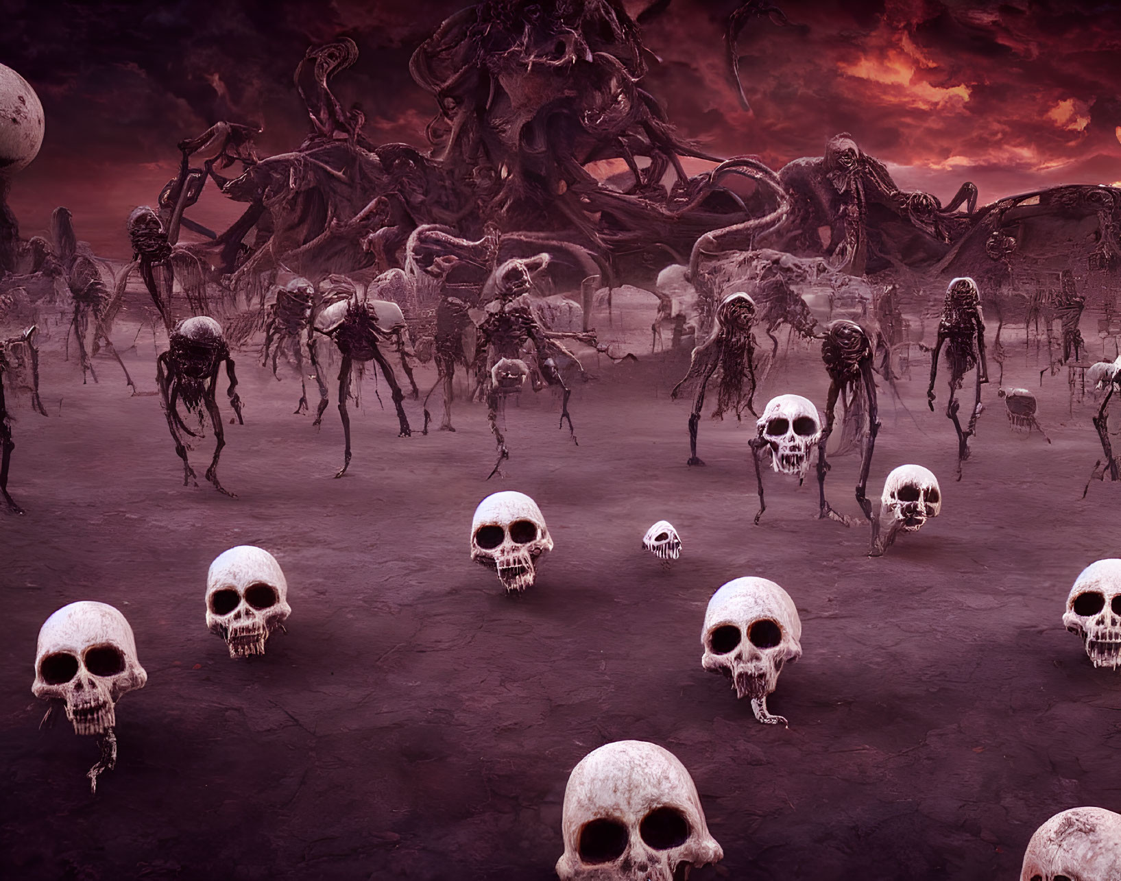 Dystopian landscape with crimson sky, skeletal creatures, and scattered skulls depicting post-apocalyptic desolation