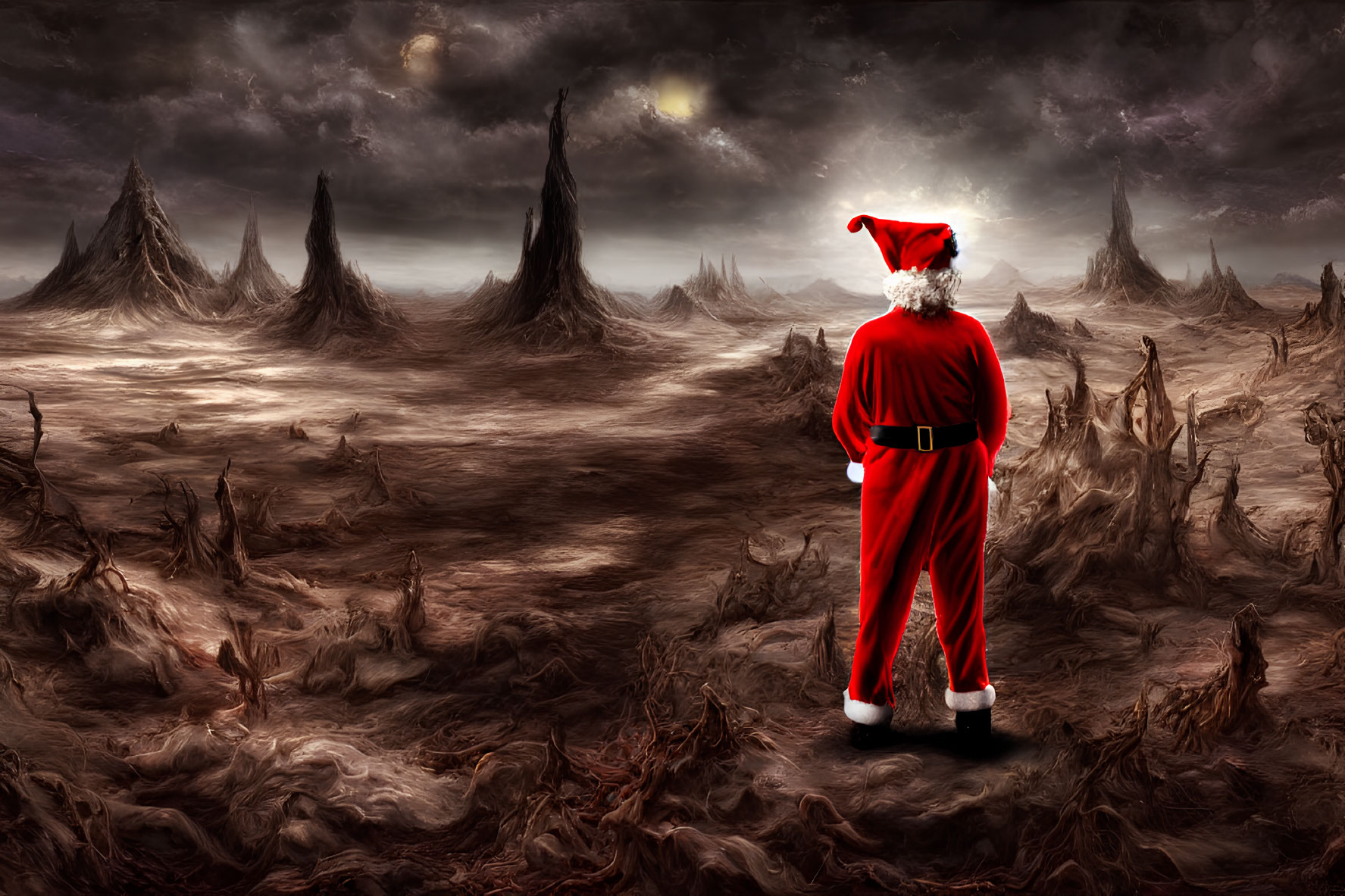 Santa Claus in desolate landscape with dark skies and rock formations