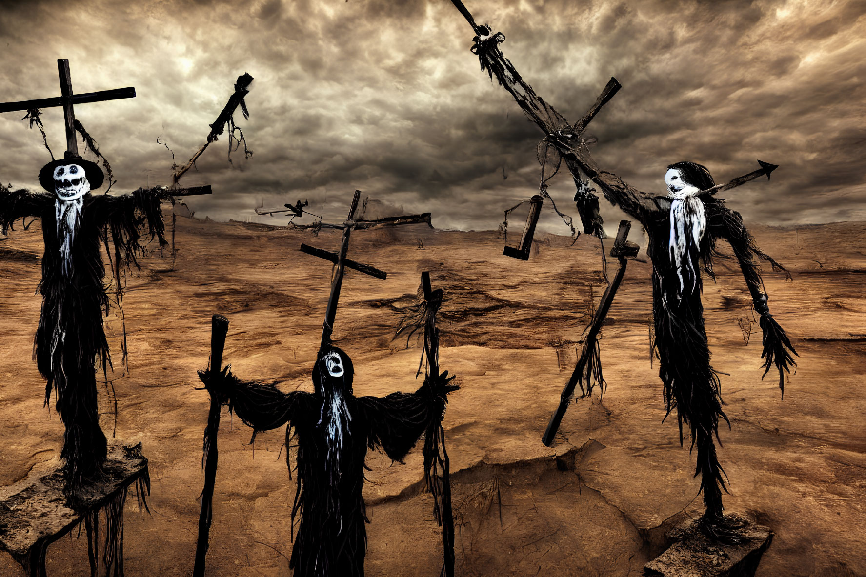 Eerie landscape with crosses and skull-faced figures under cloudy sky