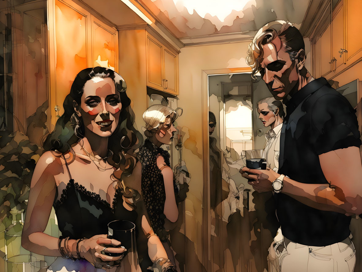 Illustration of indoor social gathering with woman in tiara and man in black shirt