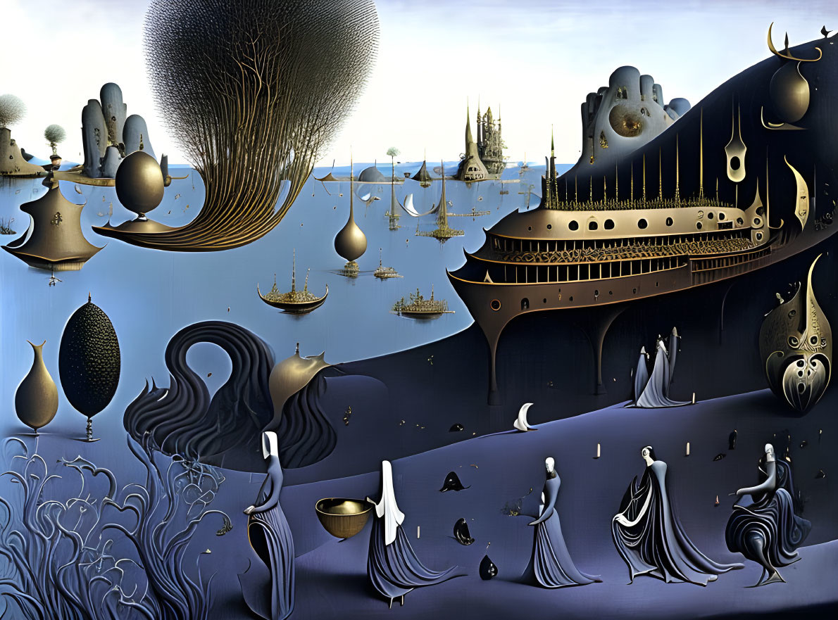 Surreal maritime landscape with floating ships and draped figures under a dark sky