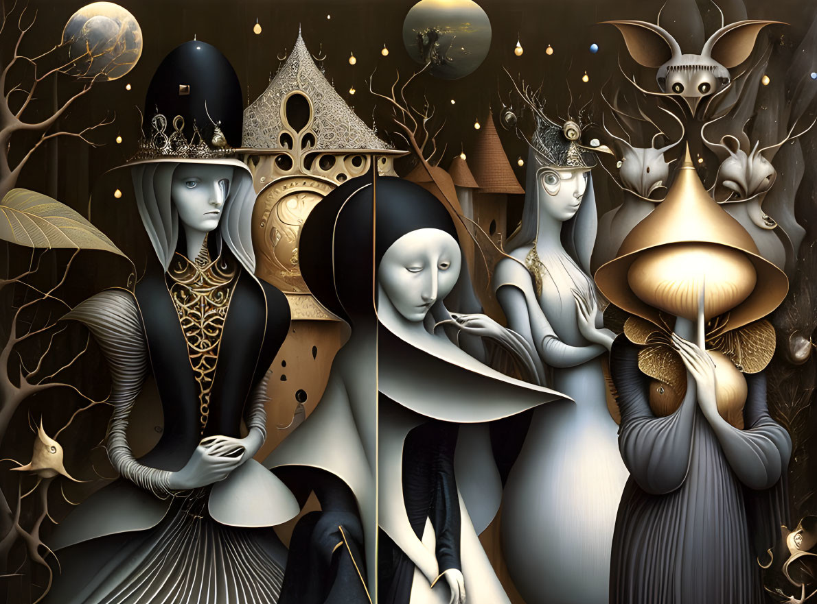 Elongated characters in ornate costumes among trees and orbs in monochrome and gold.