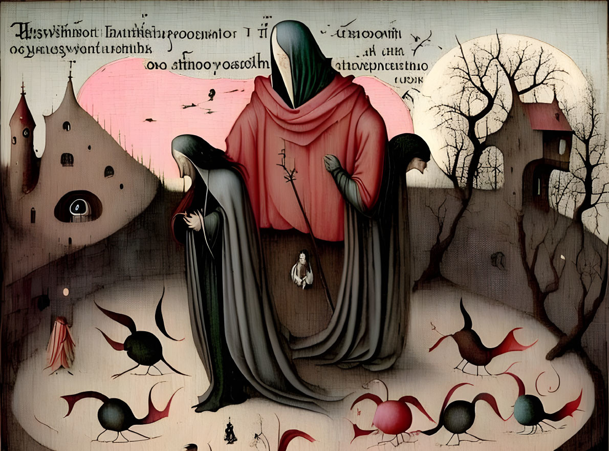 Surreal painting: robed figures, faceless character, peculiar birds, Gothic script, eerie