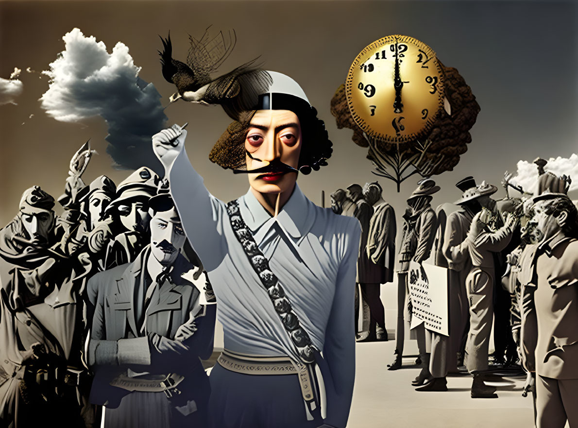 Surrealistic collage featuring central figure with blended female and Dali-like features among vintage characters under