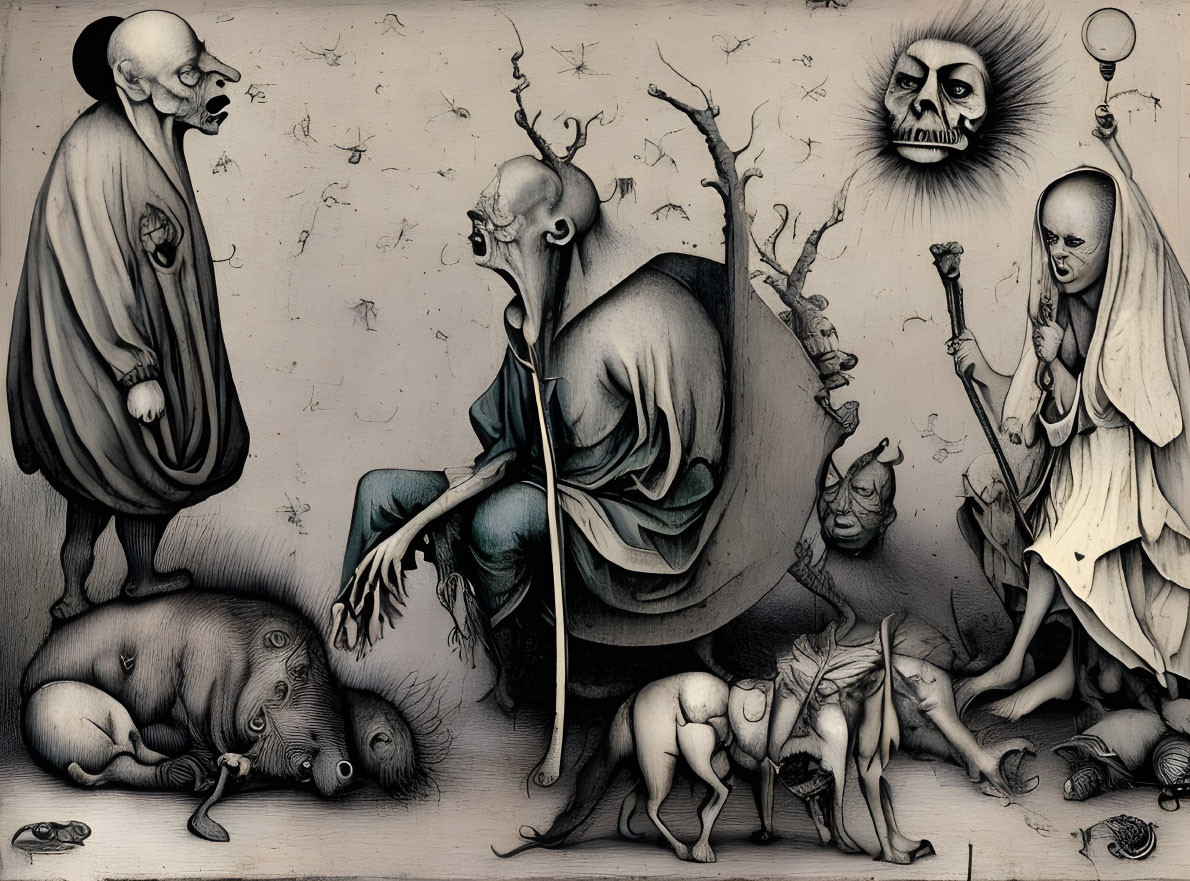 Abstract black and white surreal artwork with stylized, grotesque figures