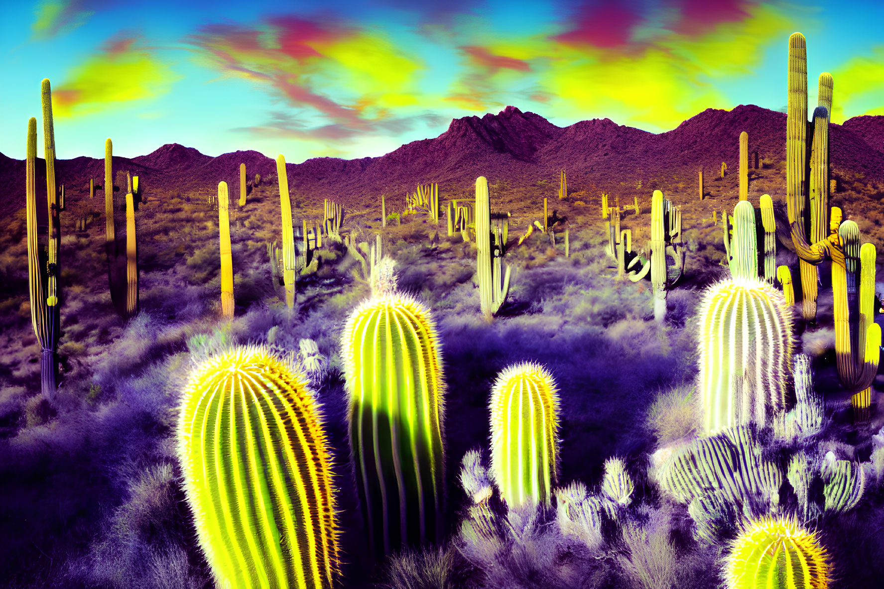 Colorful Desert Landscape with Cacti and Purple Shrubbery