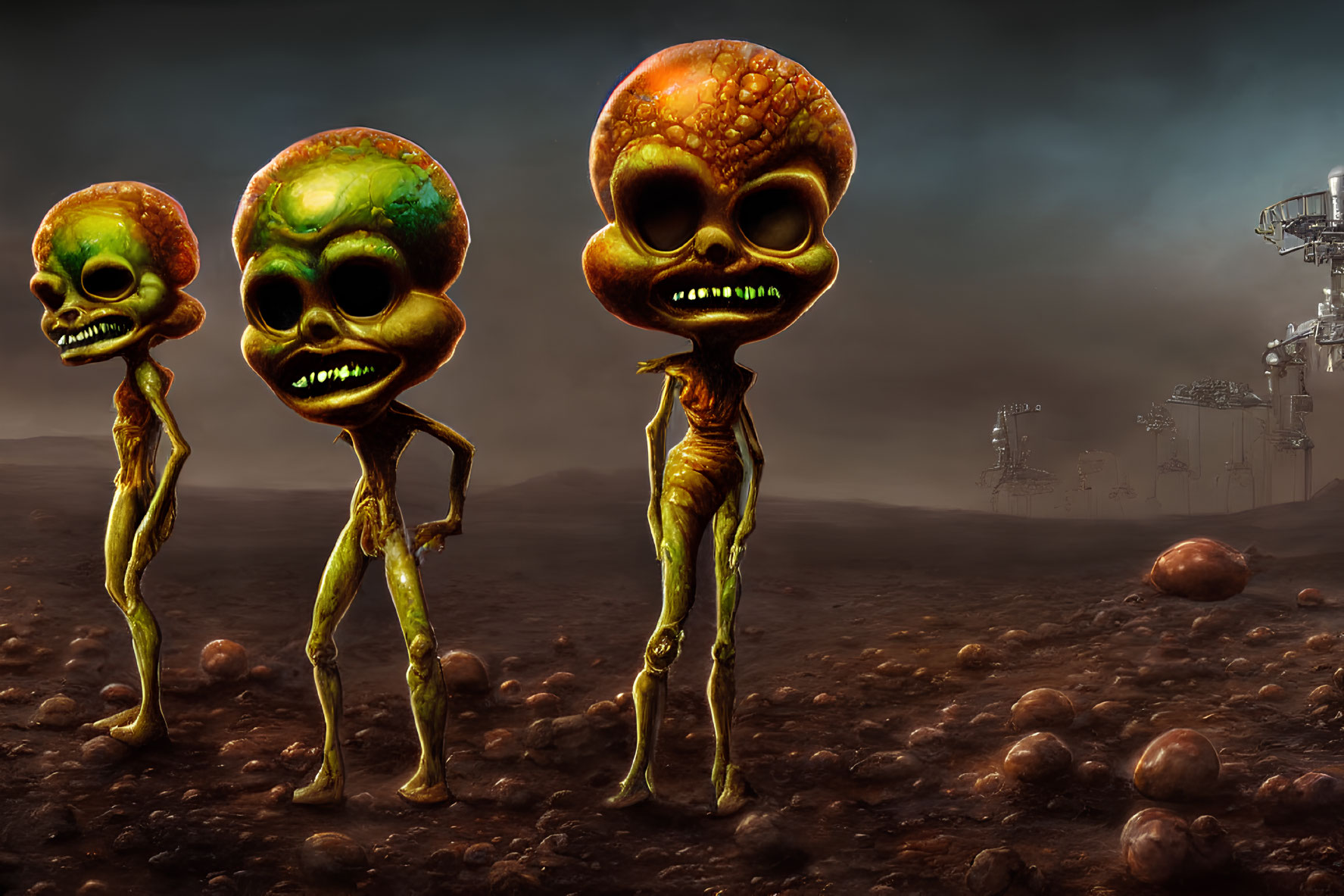 Three Cartoonish Extraterrestrial Creatures on Barren Terrain with Spacecraft