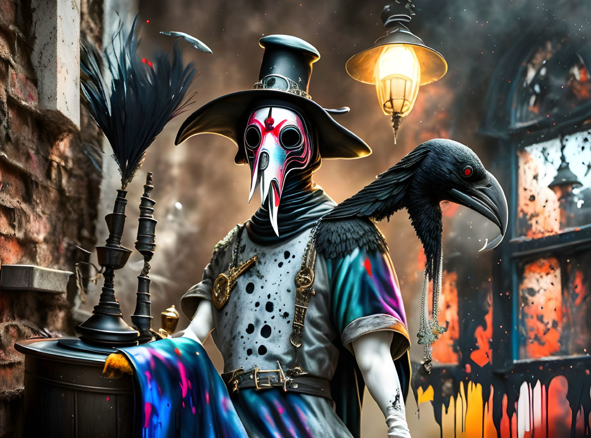 Gothic plague doctor with stylized mask and raven in fiery setting