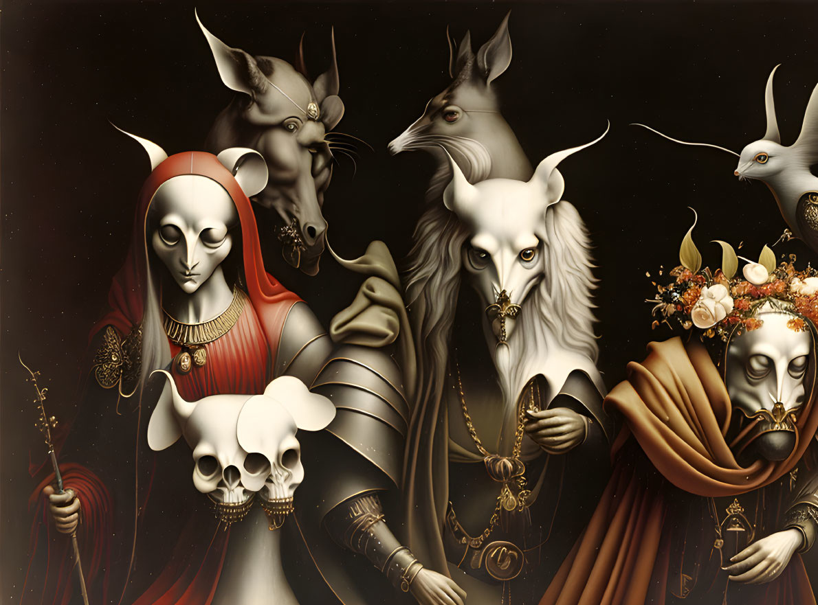 Anthropomorphic animals in elegant attire on dark background