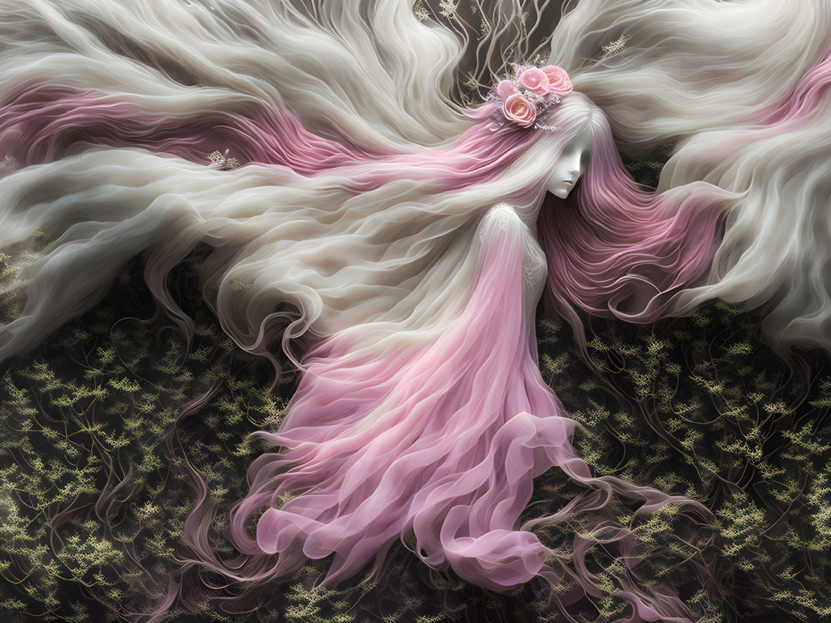 Ethereal woman with pink and white hair in floral gown on dark background