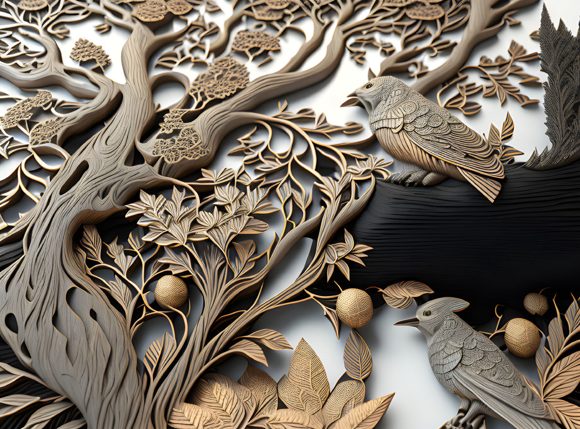 Detailed Carved Wooden Forest Scene with Birds and Foliage