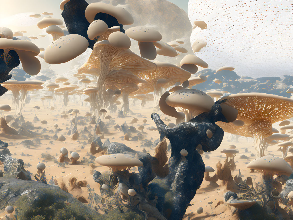 Surreal landscape with oversized mushrooms and birds under hazy sky