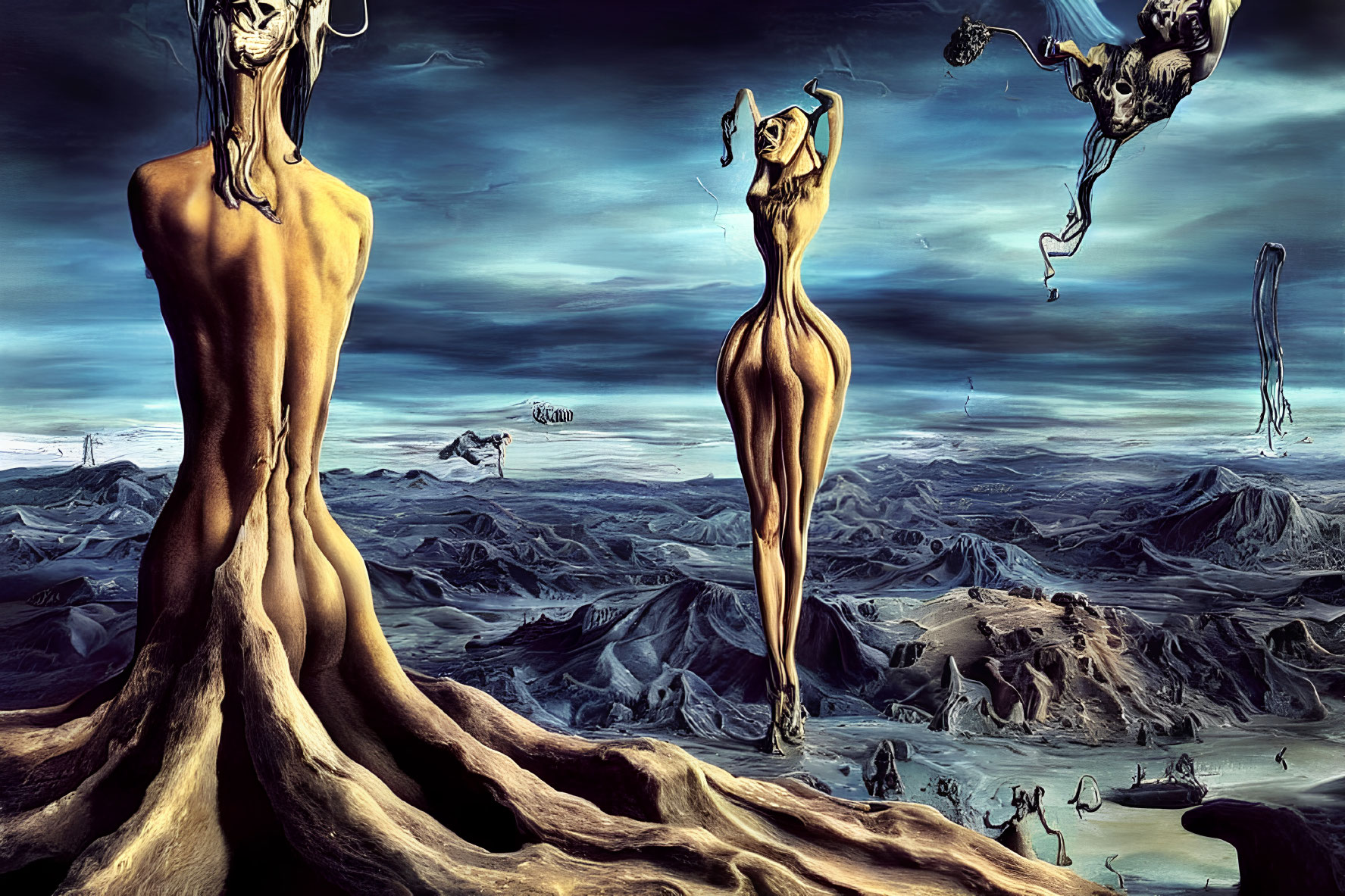 Elongated distorted human figures in surreal landscape