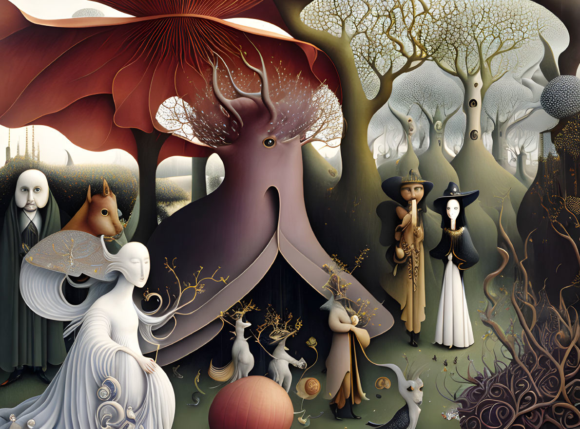 Whimsical surreal artwork: anthropomorphic creatures, Victorian characters, dreamlike landscape