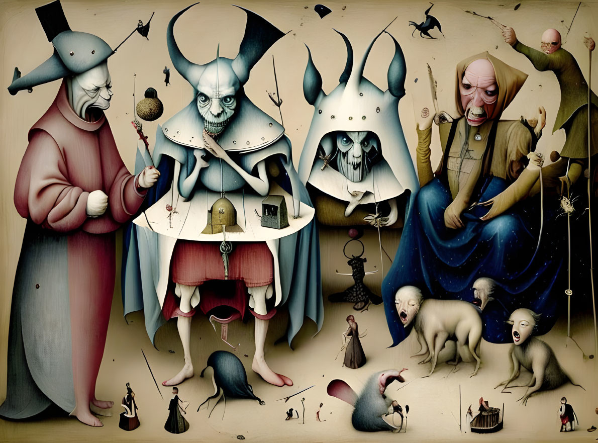 Surreal medieval-style artwork with grotesque figures in sepia tones