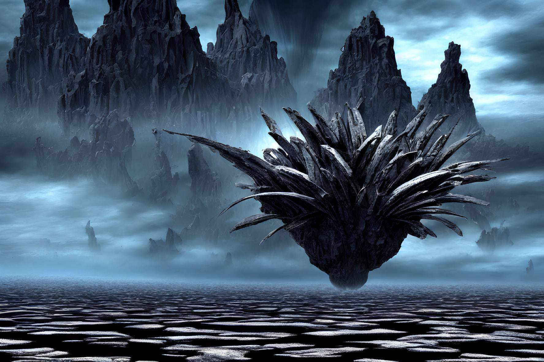 Surreal landscape with spiked shell-like structure and jagged mountains under blue sky