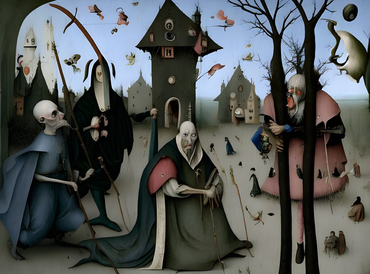 Surreal painting of cloaked figures with bird-like masks in eerie landscape