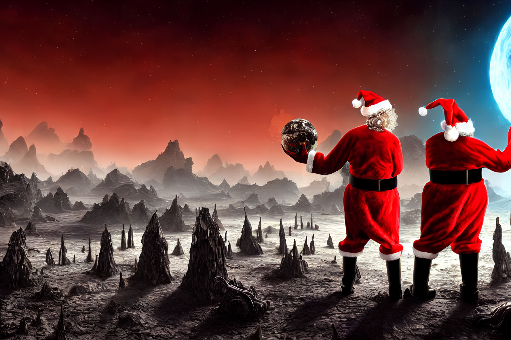 Santa Claus Costumes on Alien Landscape with Globe, Moon, and Red Nebula