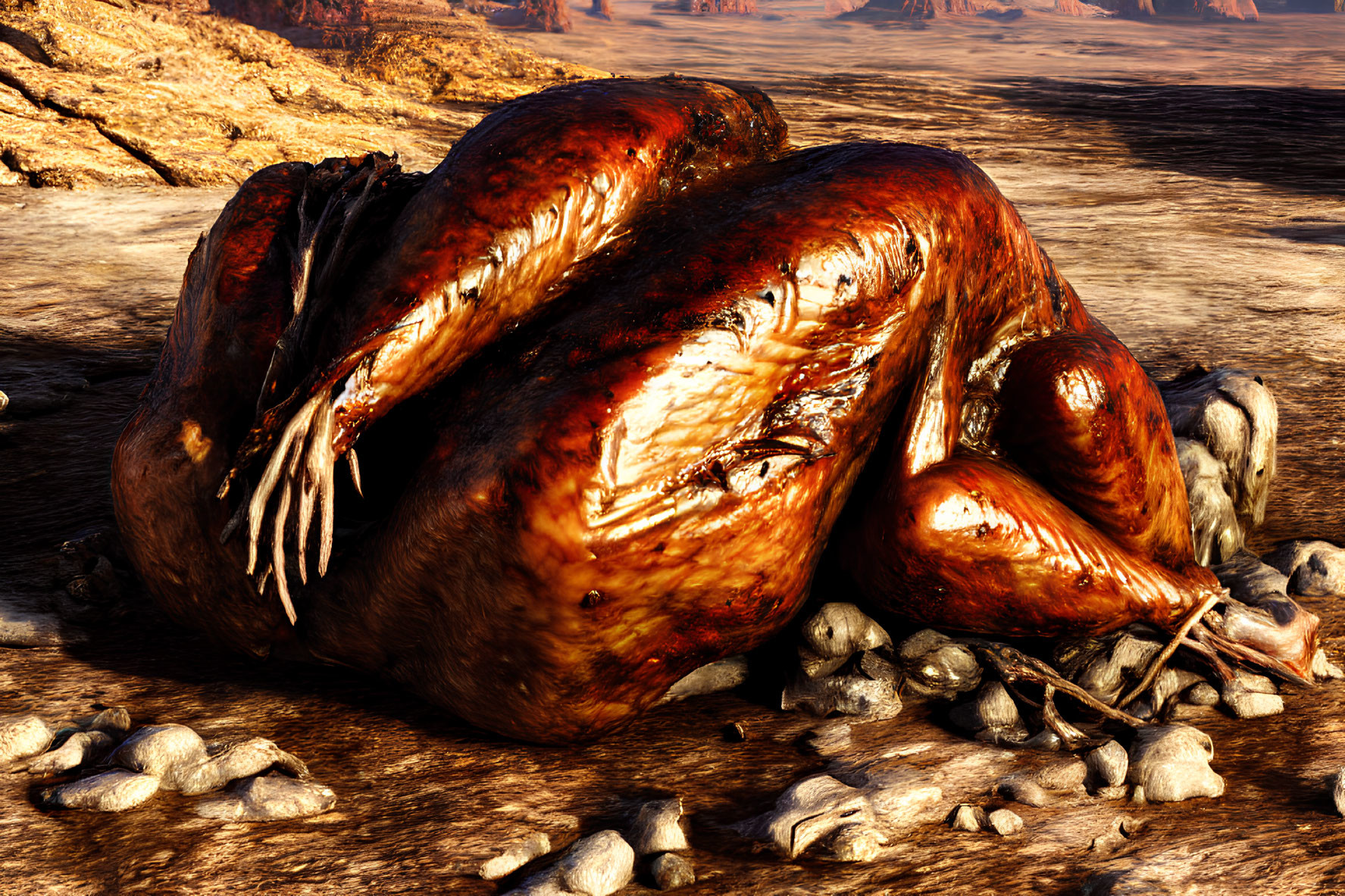 Roasted turkey on pebbles in arid rocky terrain