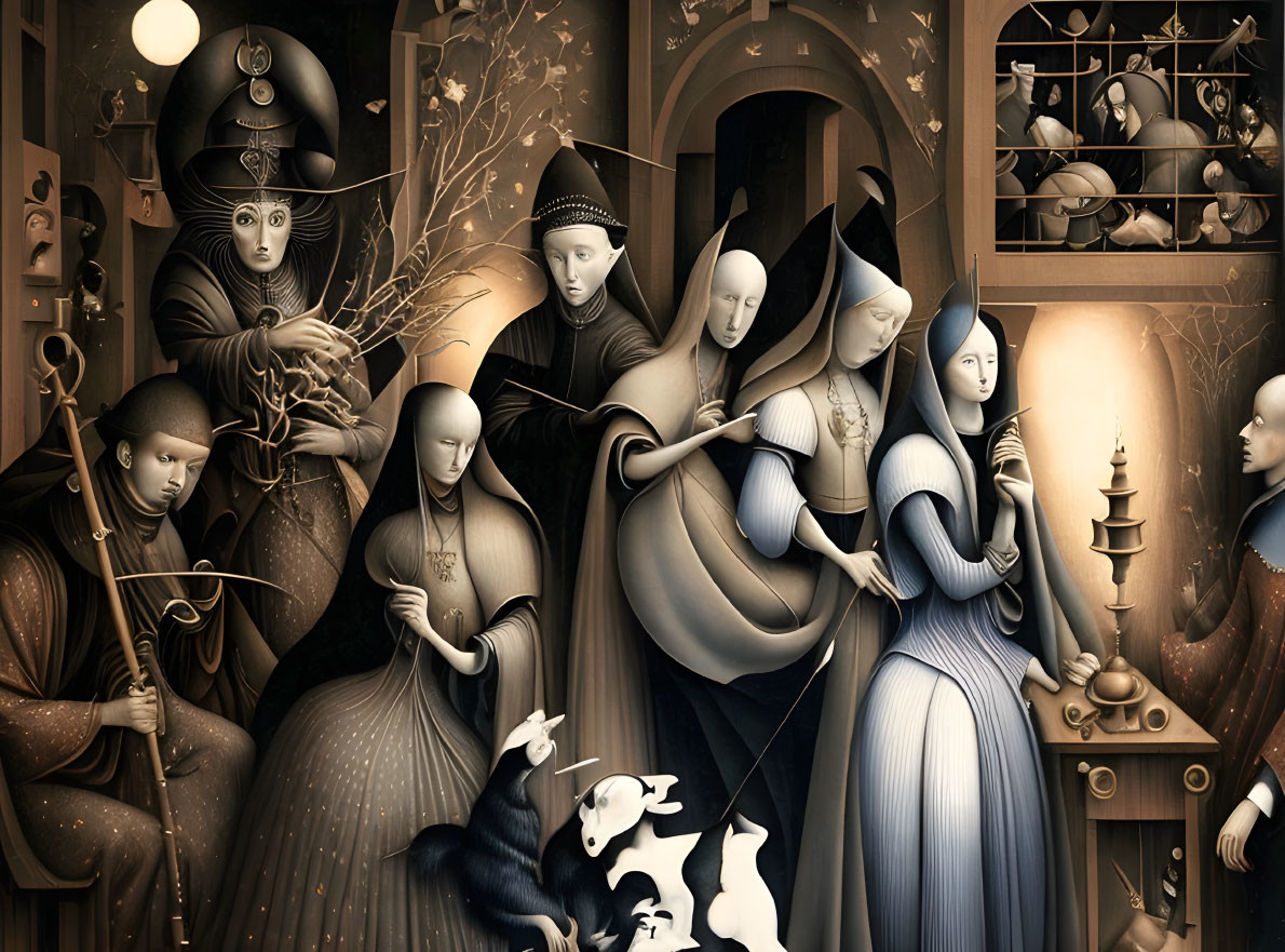 Surrealist monochromatic painting of stylized figures in historical attire with a fantasy twist