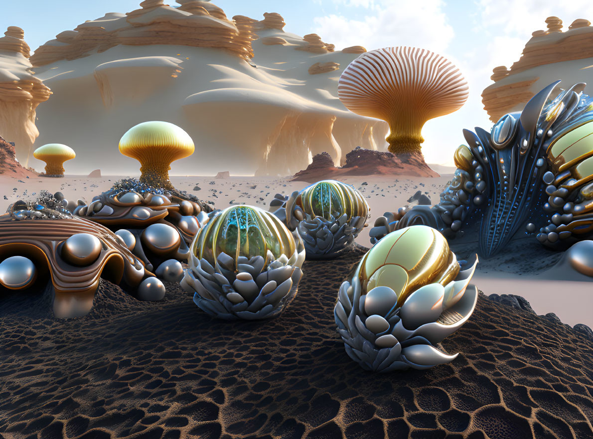 Surreal desert landscape with metallic egg-like structures and towering mushroom shapes