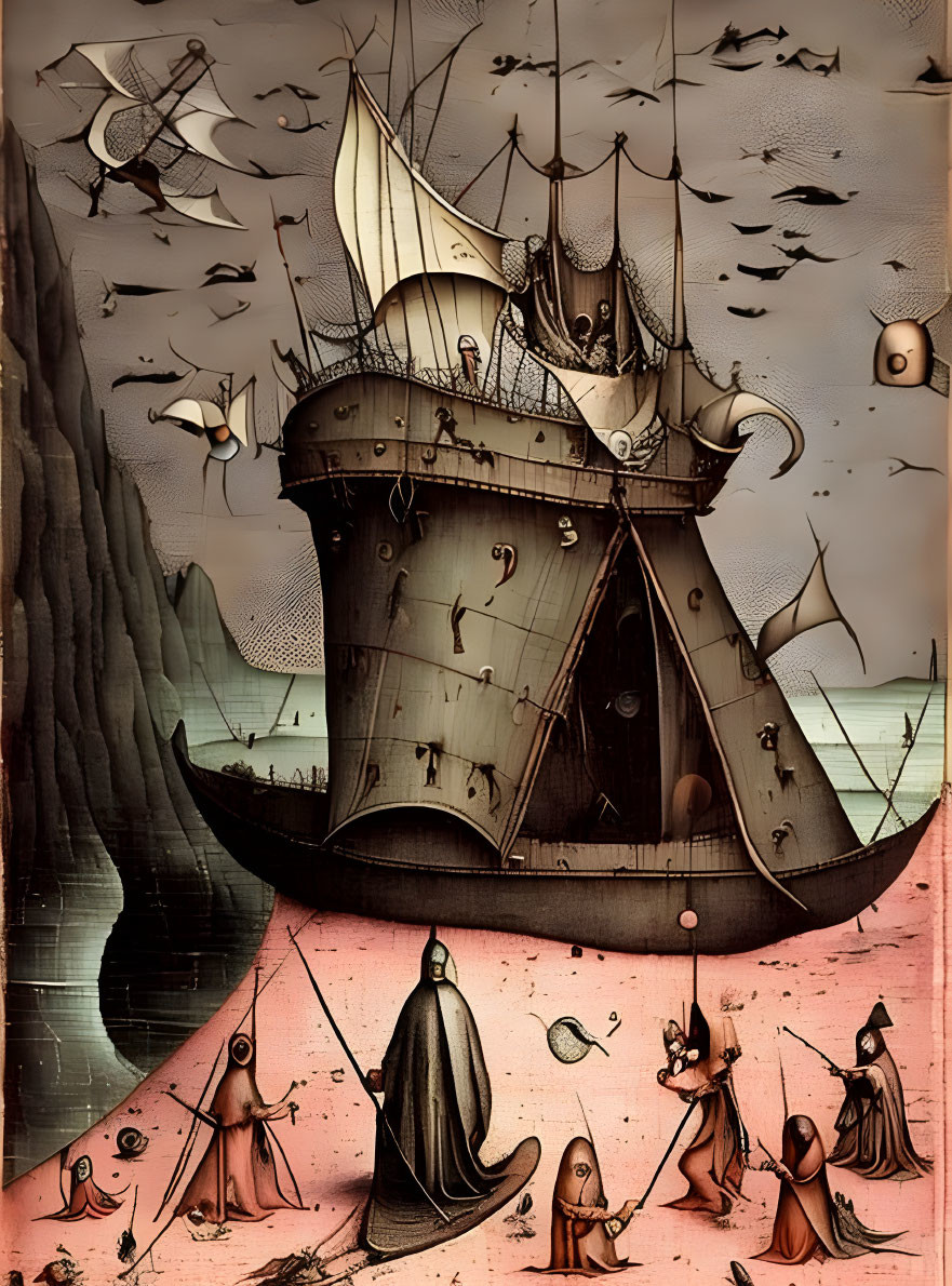 Surreal ship-like structure with robed figures, flying fish, and birds in sepia backdrop