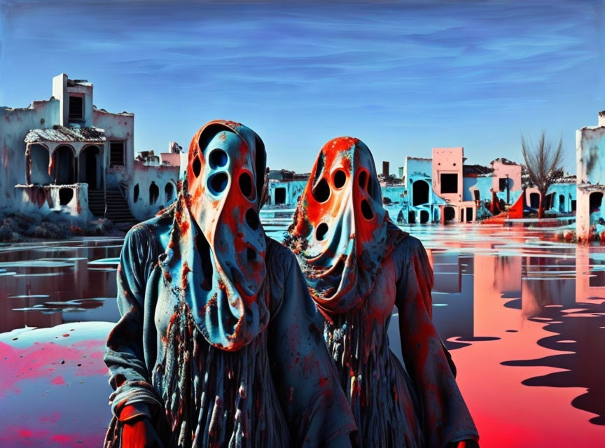 Masked figures in flooded ruin landscape with distorted reflections