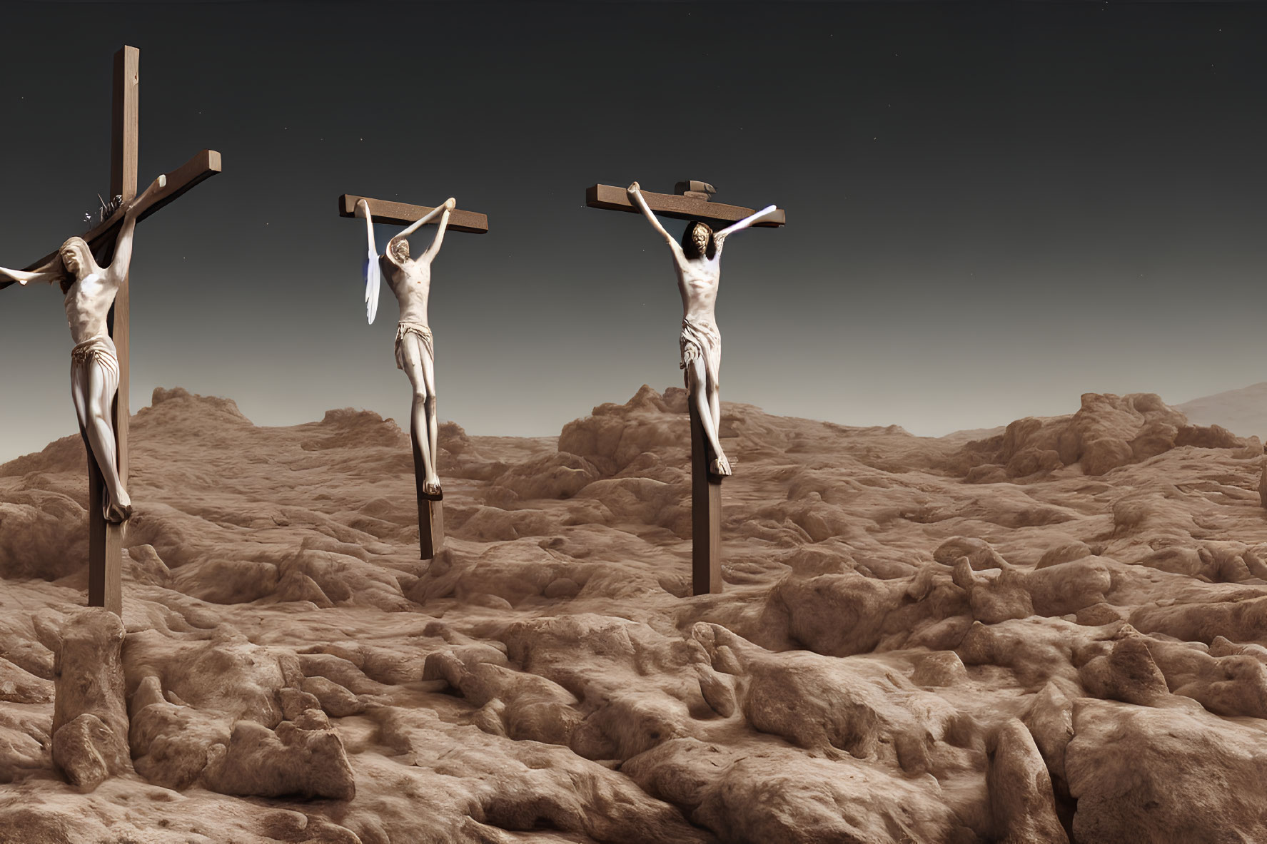 Barren landscape with three crucifixes and figures under hazy sky