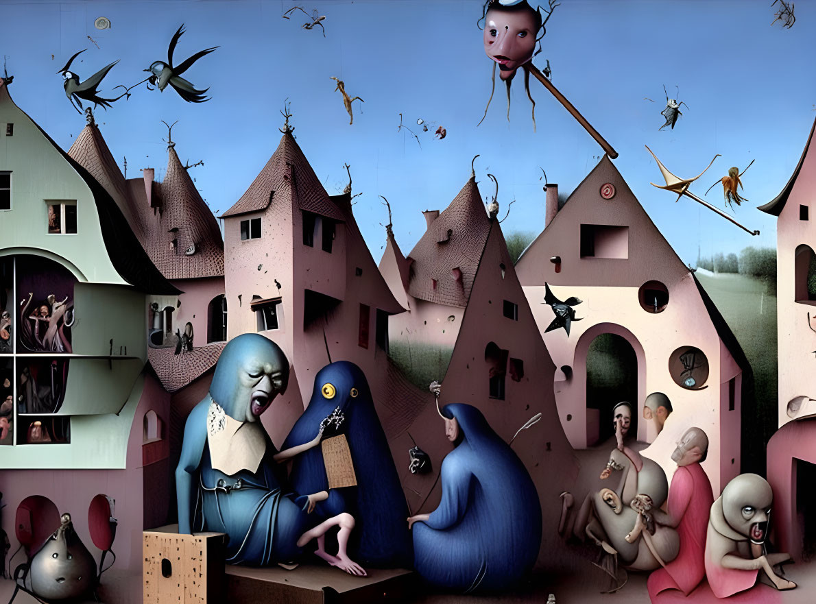 Surreal village painting with anthropomorphic figures and whimsical chaos