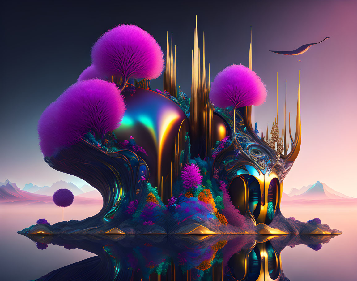 Surreal landscape with glossy organic structures and purple foliage