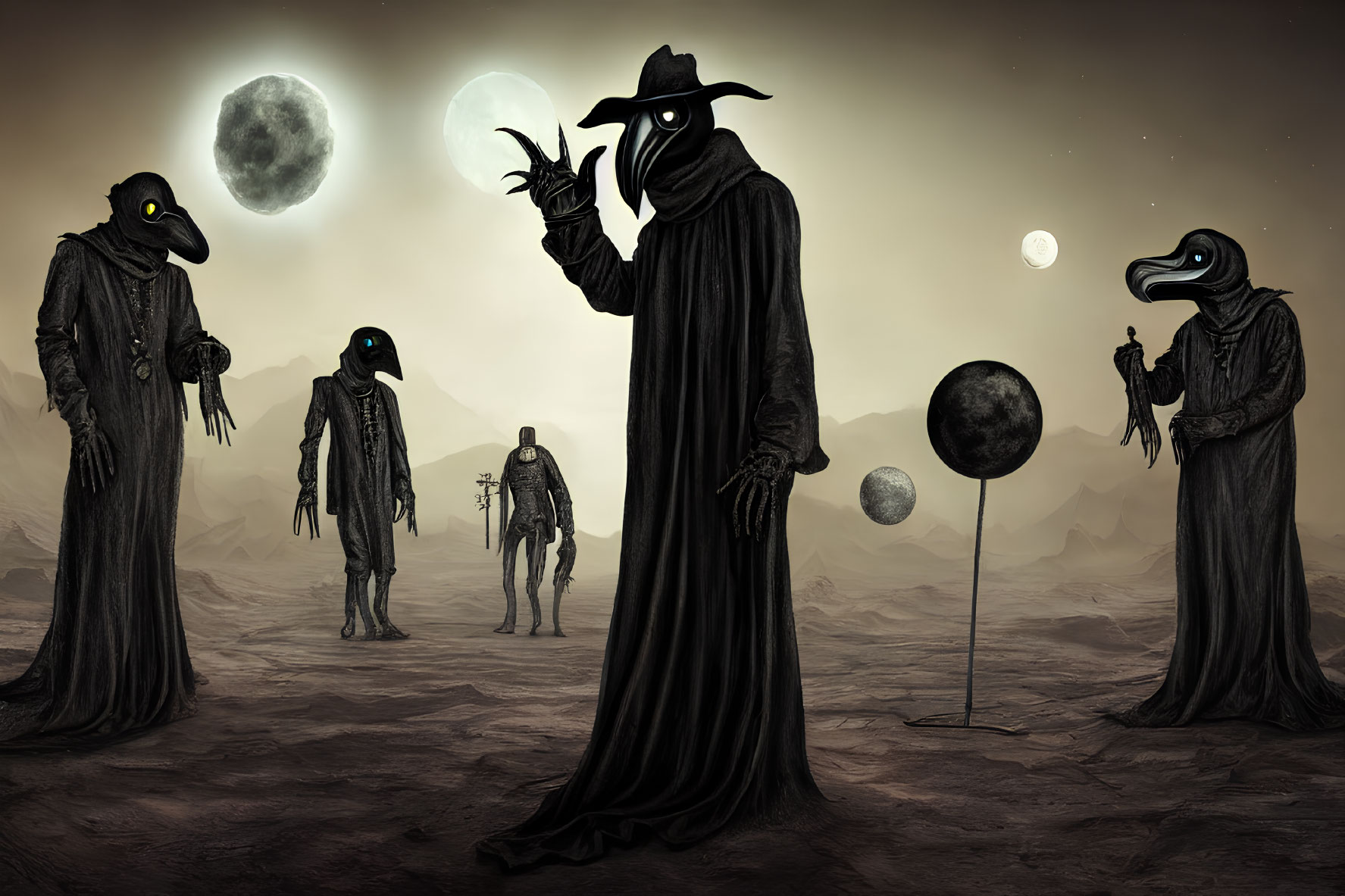 Surreal plague doctor and automaton in moonlit landscape