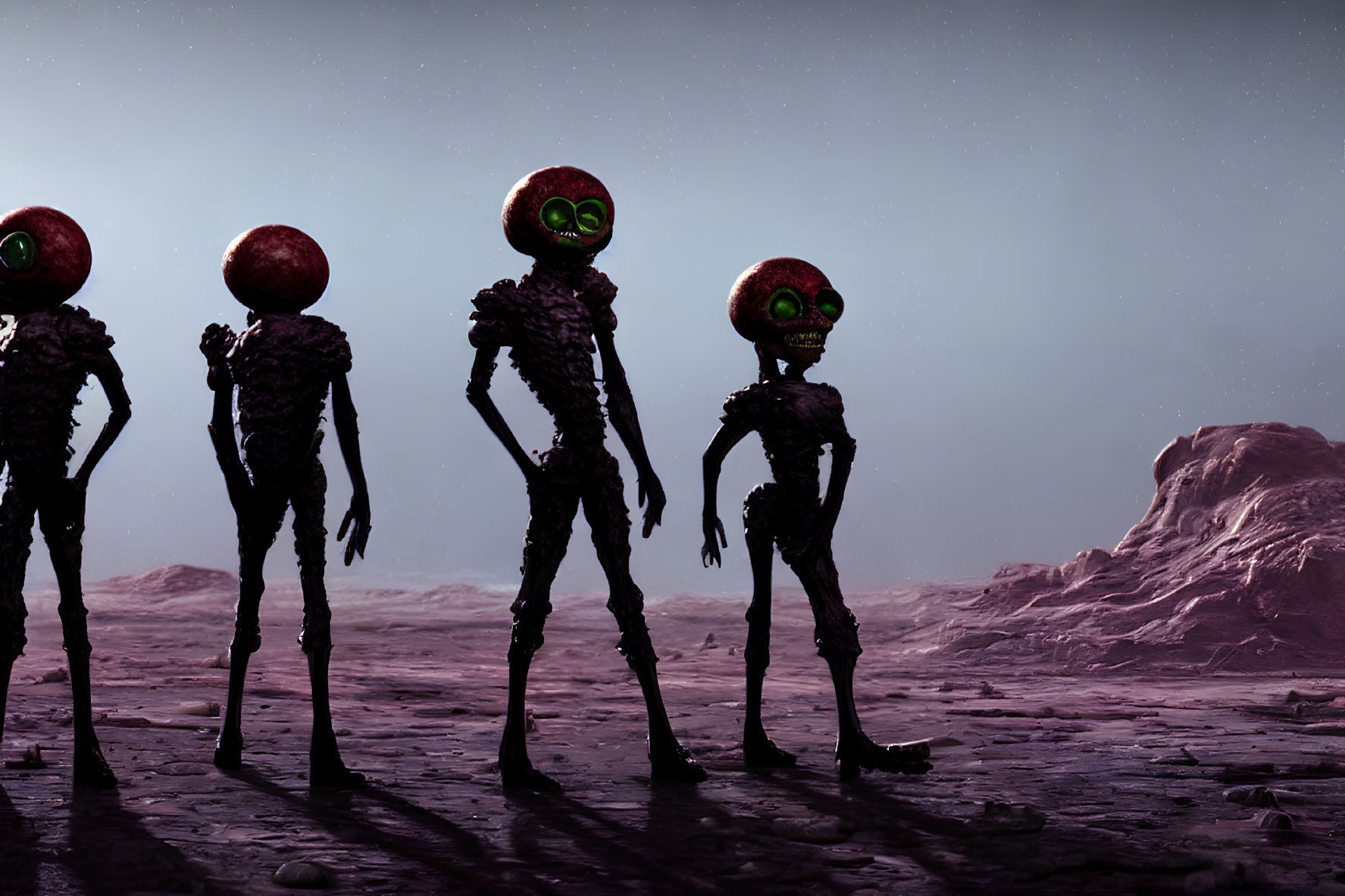 Four skeletal alien figures with green eyes on barren landscape