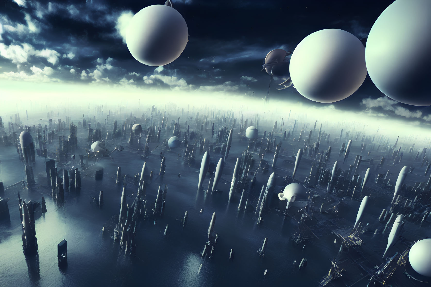 Futuristic cityscape with misty skyscrapers and floating spheres