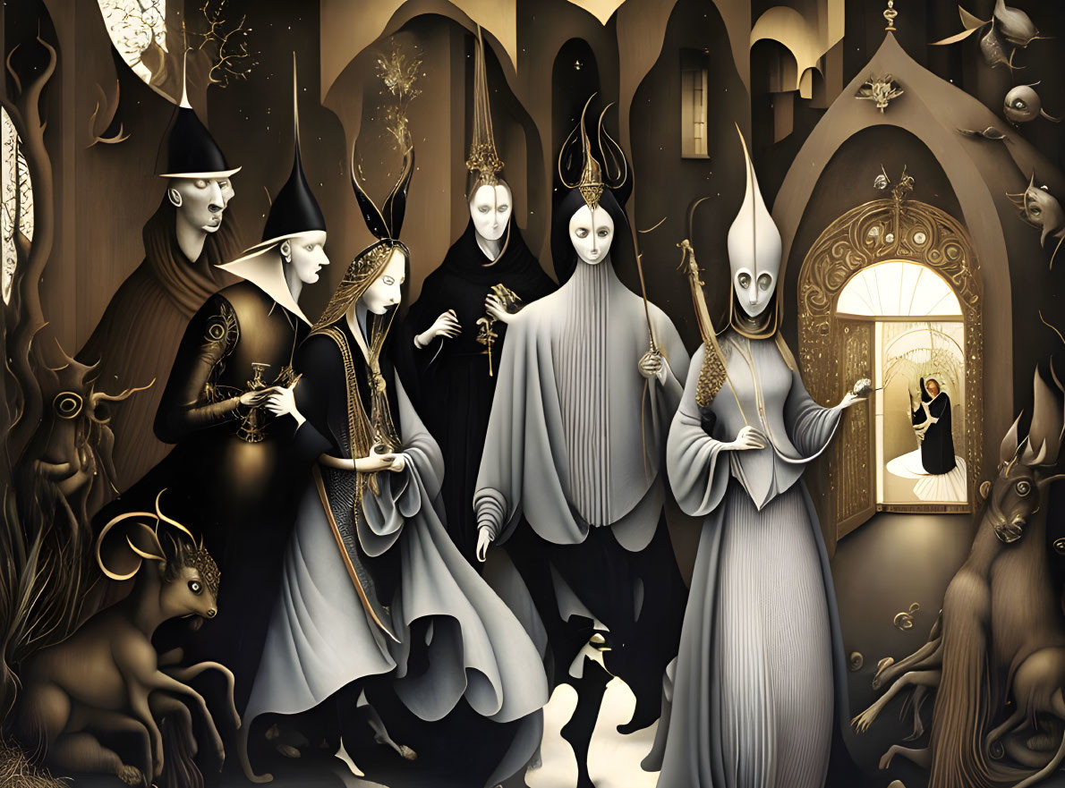 Surrealist monochrome artwork with masked figures and fantastical creatures