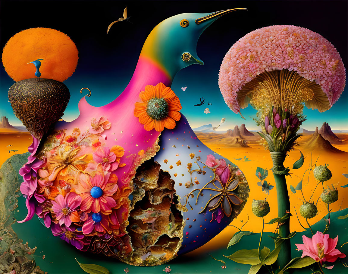 Colorful surreal artwork: Bird figure with floral patterns in desert landscape