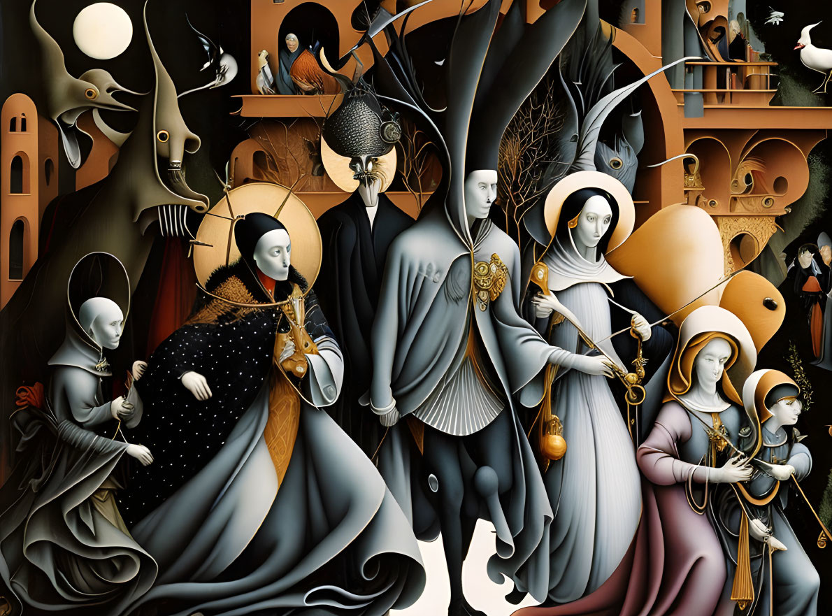 Surreal painting: Stylized figures, trees, birds, celestial objects, intricate details,