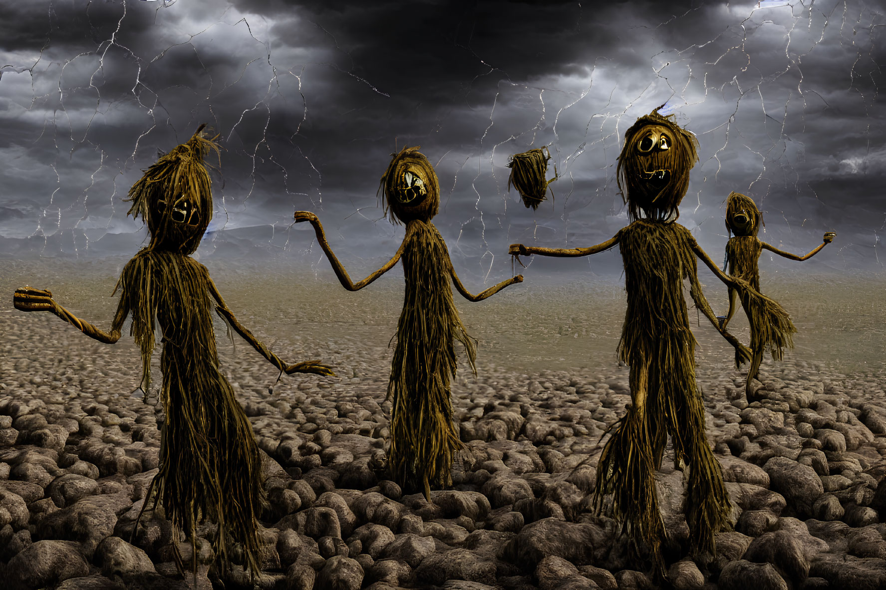 Eerie straw figures with humanoid features under stormy sky