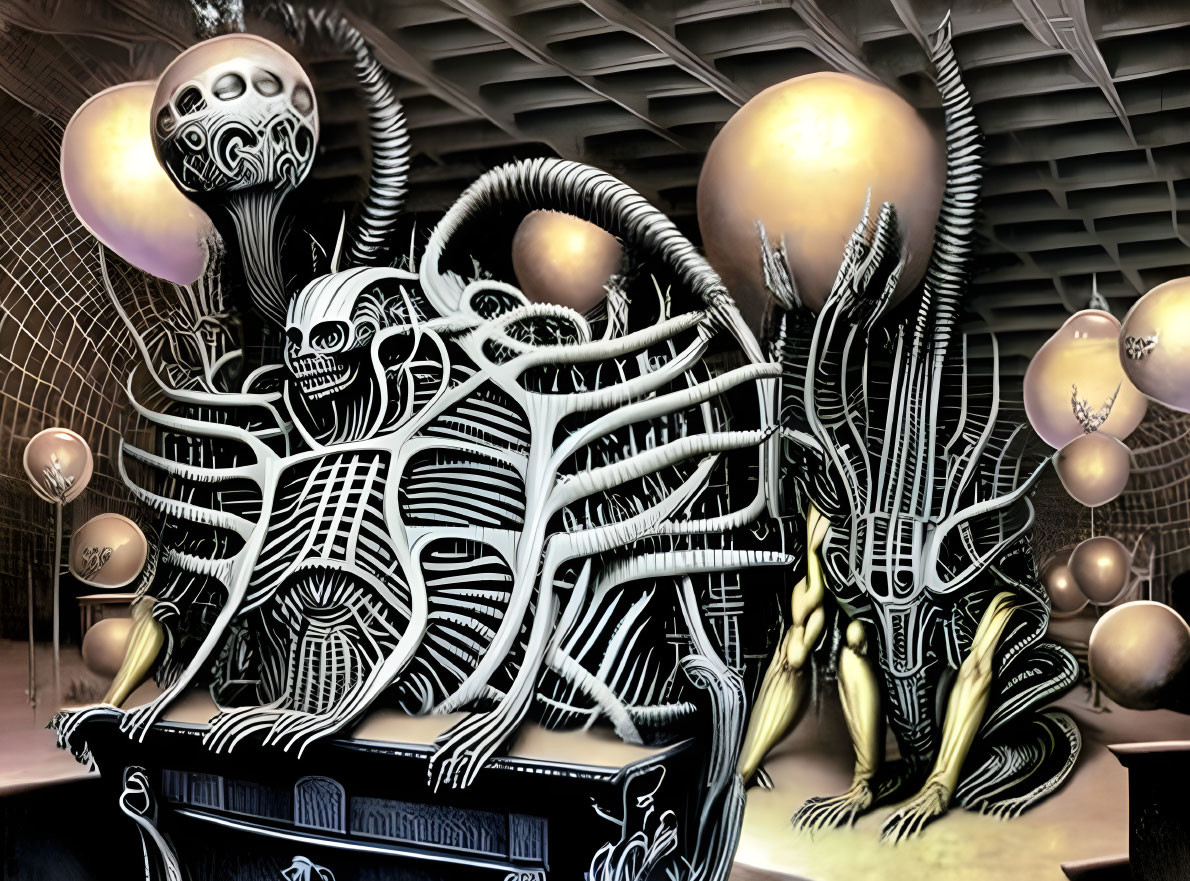 Surreal Artwork: Humanoid skeletal creatures in geometric space