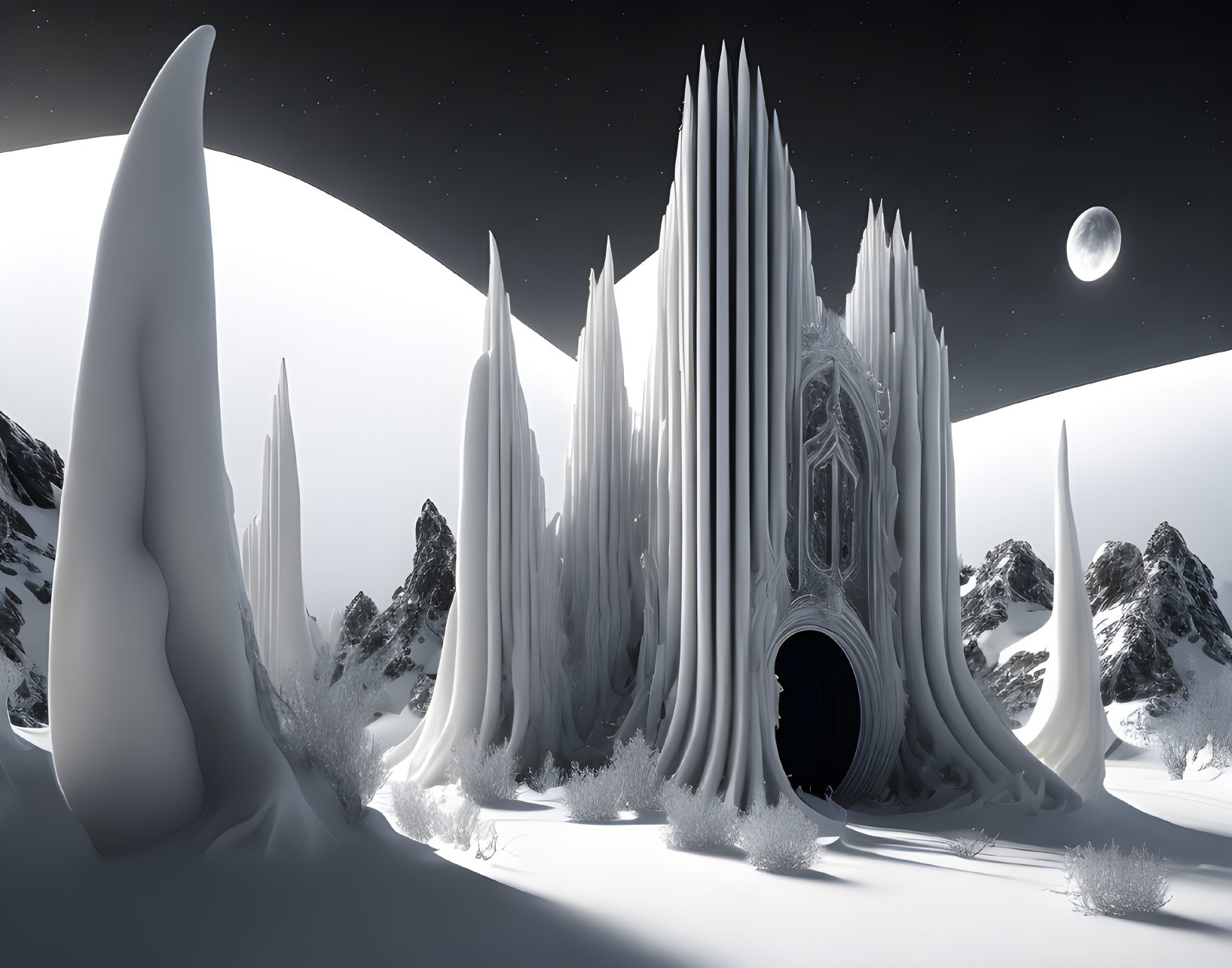 Monochromatic illustration of icy landscape with spire-like structure