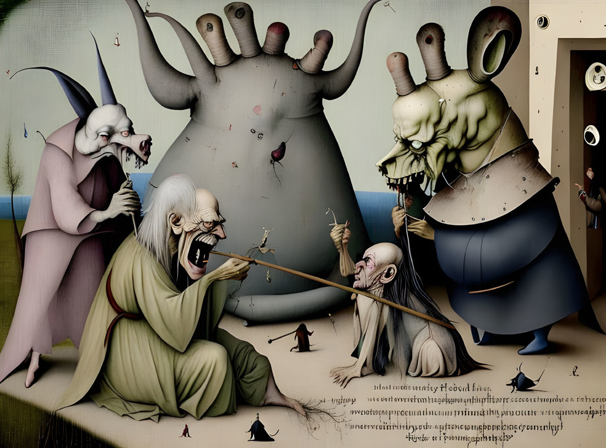 Surreal Artwork: Grotesque Figures & Cryptic Text