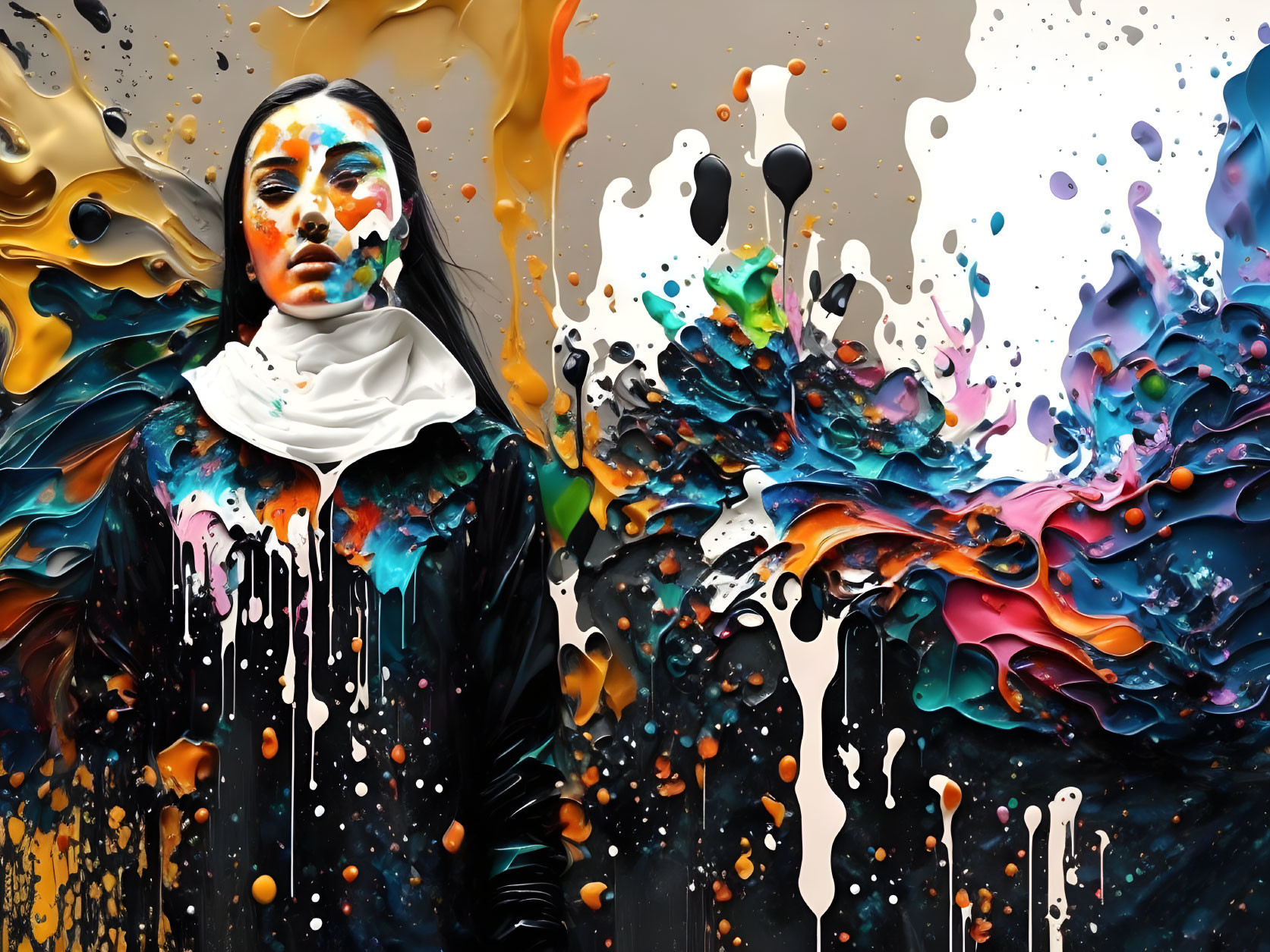 Colorful digital artwork: Woman with white scarf in dynamic, abstract style