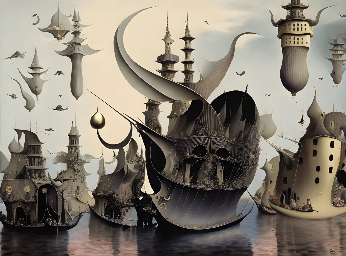 Surreal artwork: ornate ships, architecture, birds in calm sky